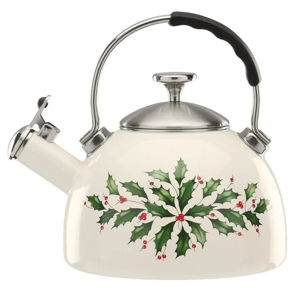 new in box Lenox Christmas Holiday Holly Leaves 2.5-Quart Whistling Tea Kettle